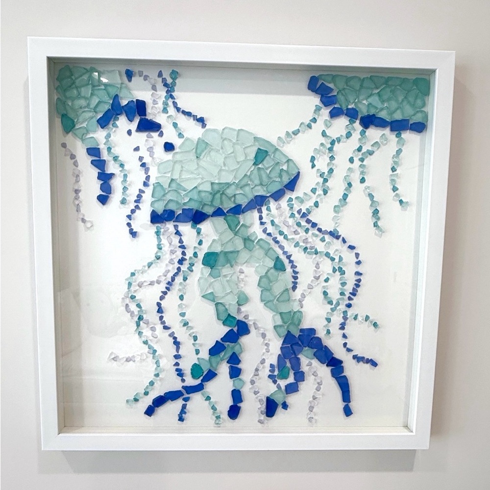 Sea Glass Jellyfish Wall Art - Blue & Aqua Framed Mosaic - 19” x 19”